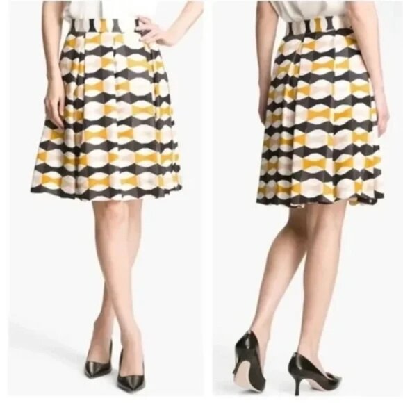 NWT Kate Spade New York Jolie Bow Print Pleated Silk Skirt Yellow Black Size 2 - Picture 1 of 4